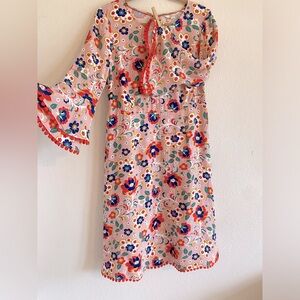 Boden | Pink Floral A-line MIDI Dress with Bell Sleeves, Size 12L